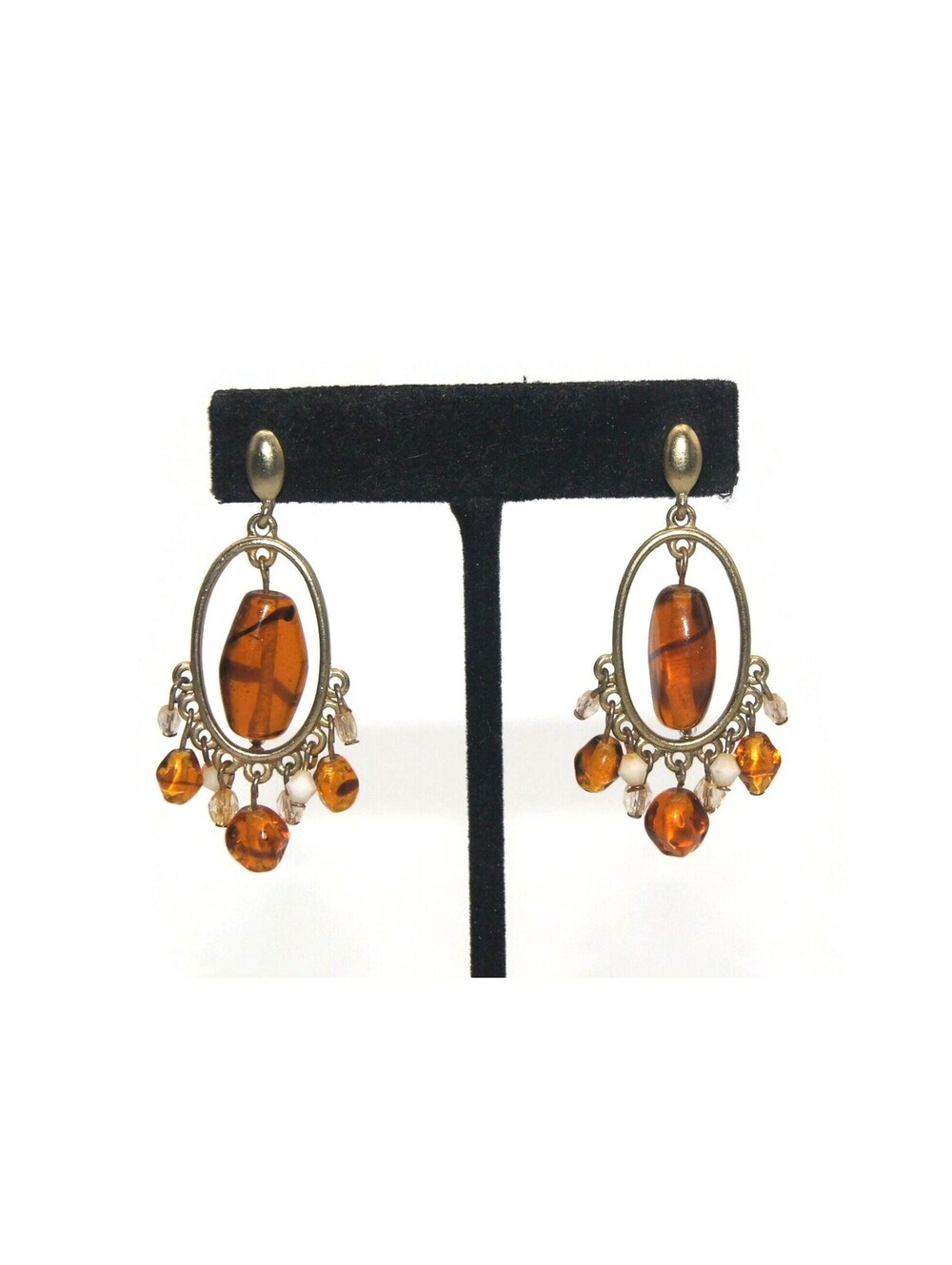 Vintage Gold Tone with Orange, Black, White and Clear Beads Dangle Earrings.